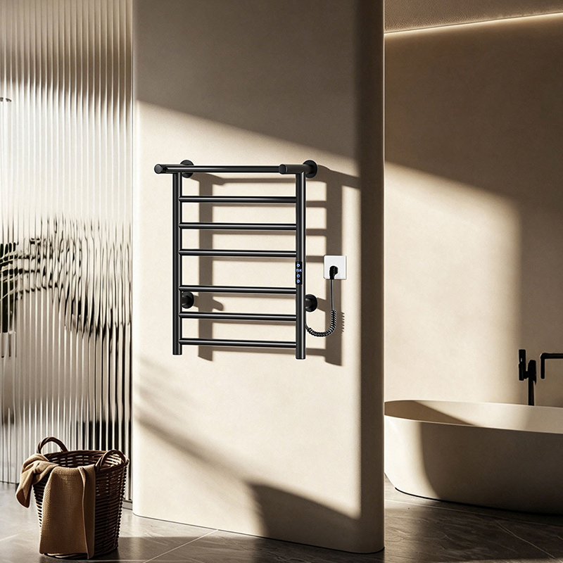 P75 Black Wall-Mounted Ladder-Style Heated Towel Rail